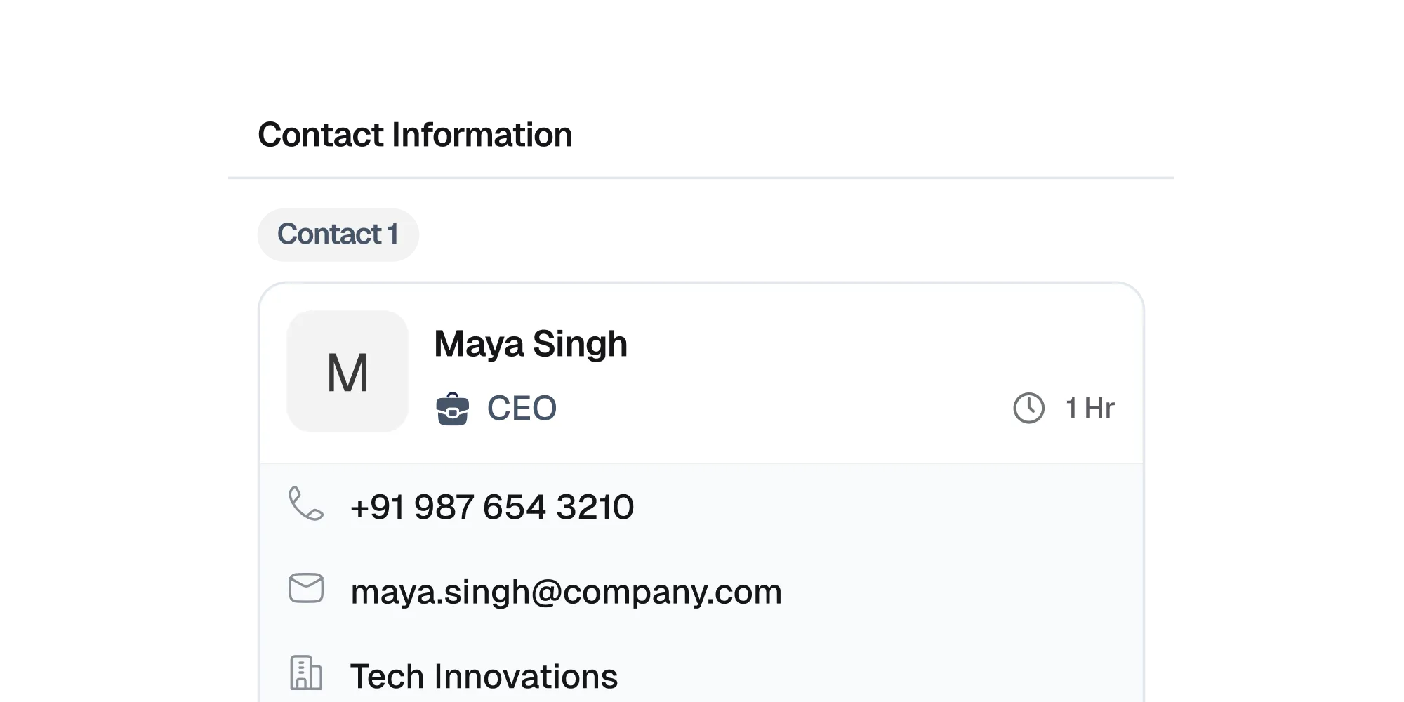Customer contact card showing name, role, phone, email, and company.